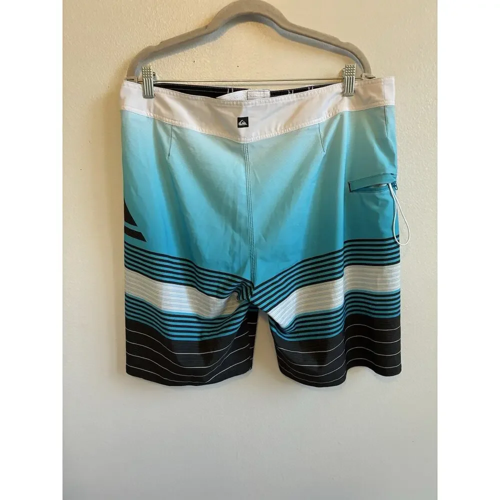 Quiksilver Board Shorts Mens 36 Blue Stripes Black Swim Trunks Beach Surf Retro